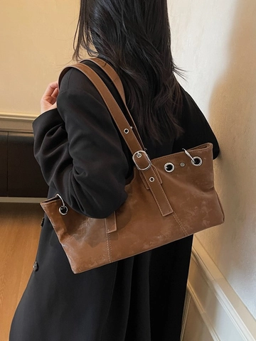 Vintage PU Leder Unterarmtasche Für Damen Große Kapazität Tragetasche Mit Metallösen Verstellbarer Riemen Modische Schultertasche