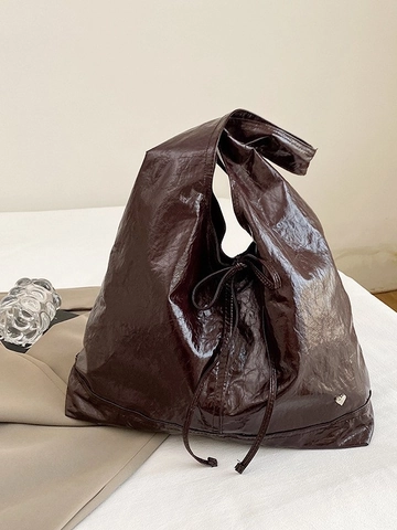 Bolso Tote de Gran Capacidad para Mujer de Cuero PU Arrugado Brillante Bolso de Hombro Con Logotipo de Metal de Corazón para Oficina Casual Diario