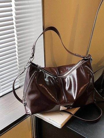 Bolso Dumpling de Cuir Barnizado Brillante Vintage para Mujer Gran Capacidad Retro Bolso Bandolera Versátil Hobo Coreano Bolso de Mano