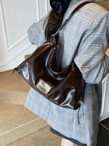 Bolso Dumpling de Cuir Barnizado Brillante Vintage para Mujer Gran Capacidad Retro Bolso Bandolera Versátil Hobo Coreano Bolso de Mano