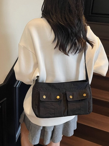 Workwear Style Women Nylon Crossbody Bag Large Capacity Multi Pocket Shoulder Bag Minimalist Solid Color Underarm Bag