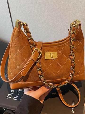 Women Retro Diamond Quilted Underarm Bag Fashion PU Leather Crossbody Bag With Metal Chain Suede Look Shoulder Bag