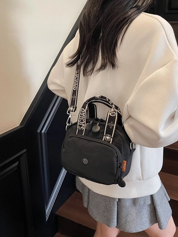 Korean Style Casual Crossbody Bag For Women Niche Design Nylon Handbag With Lettered Webbing Strap Contrast Square Shoulder Bag