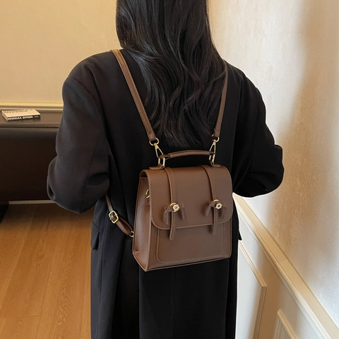 Mochila de Cuero PU para Mujer Estilo Británico Retro Bolso de Mano Multifuncional Con Lazo y Hebillas de Flores para Escuela y Diario