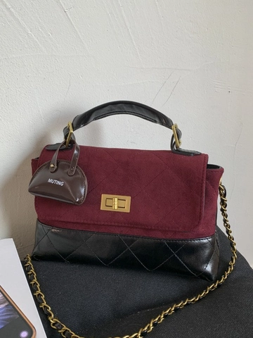 Fashion PU Leather Suede Patchwork Quilted Crossbody Bag For Women Retro Chain Shoulder Small Square Handbag With Pendant