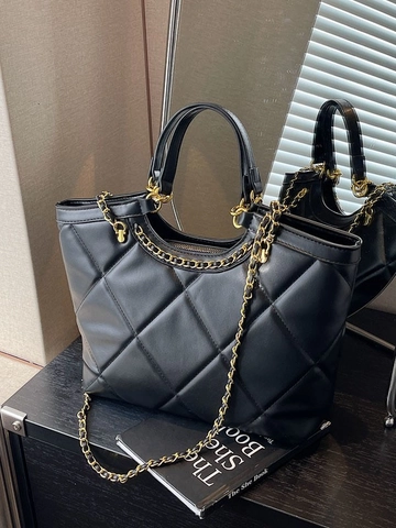 Women Fashion Quilted Large Capacity Tote Bag High-end PU Leather Shoulder Bag Casual Chain Strap Handbag Underarm Bag