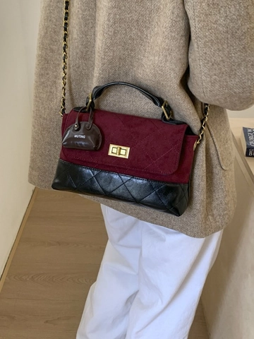 Fashion PU Leather Suede Patchwork Quilted Crossbody Bag For Women Retro Chain Shoulder Small Square Handbag With Pendant