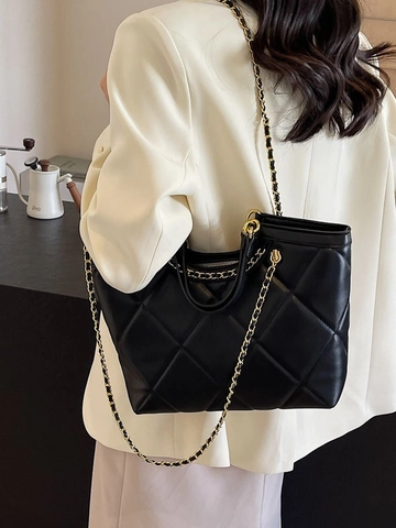 Women Fashion Quilted Large Capacity Tote Bag High-end PU Leather Shoulder Bag Casual Chain Strap Handbag Underarm Bag