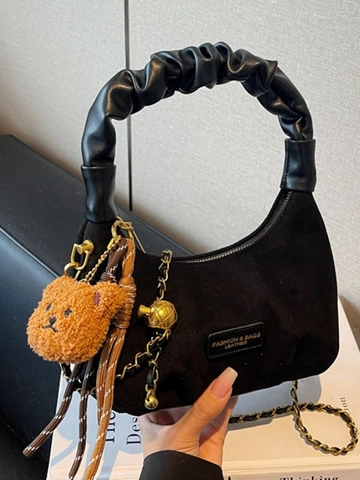 Borsa Hobo da Donna in Vintage Scamosciato Artificiale Pelle PU Manico Arricciato Borsa a Tracolla Con Ciondolo a Orsetto
