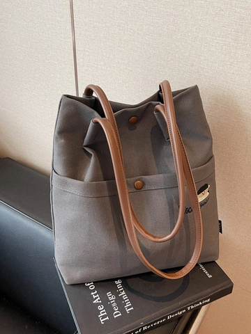 Large Capacity Canvas Bucket Bag For Women Casual Commuting Shoulder Bag With Cartoon Embroidery And Leather Handle Fashion Tote Bag