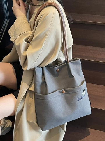 Large Capacity Canvas Bucket Bag For Women Casual Commuting Shoulder Bag With Cartoon Embroidery And Leather Handle Fashion Tote Bag