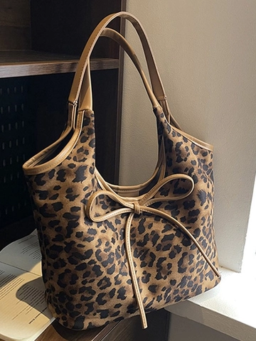 Women Vintage Leopard Print Tote Bag Large Capacity PU Leather Shoulder Bag With Bow Decoration Fashion Casual Handbag For Daily Commuting