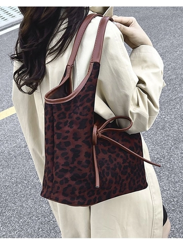 Women Vintage Leopard Print Tote Bag Large Capacity PU Leather Shoulder Bag With Bow Decoration Fashion Casual Handbag For Daily Commuting