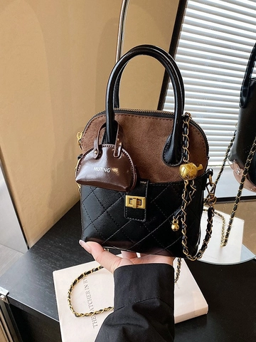 Women Quilted Patchwork Crossbody Bag Fashion PU Leather Shoulder Bag With Chain Strap And Mini Bag Charm Shell Handbag