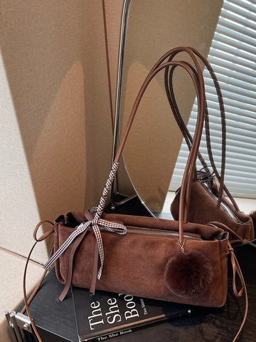 Women Vintage PU Underarm Shoulder Bag Niche Design Large Capacity Solid Color Bowknot Plush Ball Pillow Bag Fashion Daily Tote