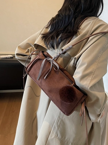 Women Vintage PU Underarm Shoulder Bag Niche Design Large Capacity Solid Color Bowknot Plush Ball Pillow Bag Fashion Daily Tote