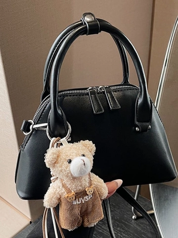 Fashion PU Leather Bowling Bag With Plush Bear Pendant Simple Stitched Shell Crossbody Shoulder Handbag For Women Daily Use