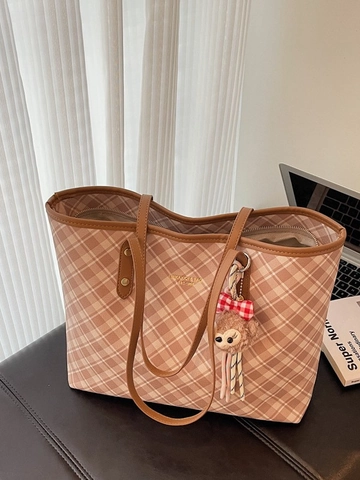 Women Vintage Plaid Tote Bag Large Capacity Shoulder Bag PU Leather Daily Fashion Handbag With Cute Plush Charm