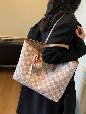 Women Vintage Plaid Tote Bag Large Capacity Shoulder Bag PU Leather Daily Fashion Handbag With Cute Plush Charm