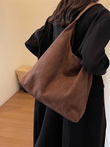 Sac Fourre-tout en Flanelle pour Femmes Grande Capacité Minimaliste Vintage Plis Sac à Bandoulière Underarm Décontracté Navetteur Uni