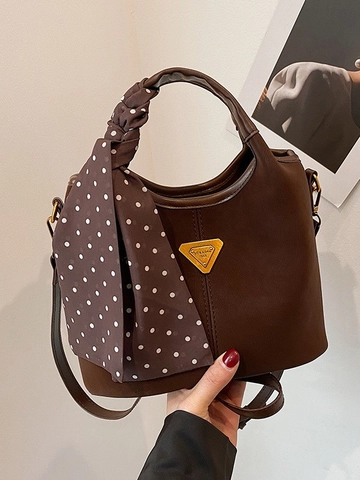 Sac Seau en PU Décontracté pour Femmes Avec Décoration de Foulard à Pois Sac à Main Vintage Sac à Bandoulière Mode Automne Hiver Trajet