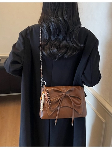 Sac à Bandoulière Plissé avec Nœud pour Femmes en Polyester Chaîne Sac Porté Épaule avec Charme Perlé Sac Élégant Polyvalent