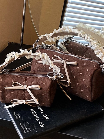 Bolso Bandolera Vintage de Lunares para Mujer de Gamuza PU Cilindro Bolso de Hombro Con Detalle de Lazo y Encaje Dulce