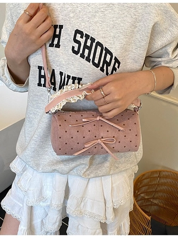 Bolso Bandolera Vintage de Lunares para Mujer de Gamuza PU Cilindro Bolso de Hombro Con Detalle de Lazo y Encaje Dulce