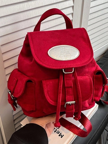 Women Vintage Suede Mini Backpack Korean Style Commuting Drawstring Bag With Multi Pockets Fashion Travel Daypack