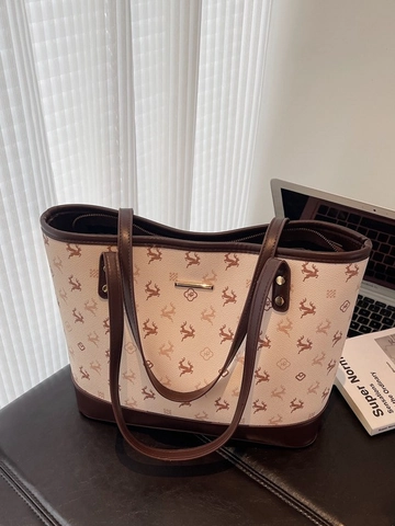 Bolso Tote de Cuero PU de Gran Capacidad Con Estampado de Ciervo Bolso de Hombro de Moda Color de Contraste Para Mujer Trabajo