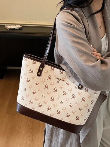 Bolso Tote de Cuero PU de Gran Capacidad Con Estampado de Ciervo Bolso de Hombro de Moda Color de Contraste Para Mujer Trabajo