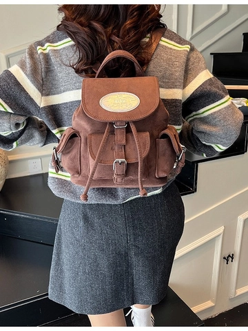 Women Vintage Suede Mini Backpack Korean Style Commuting Drawstring Bag With Multi Pockets Fashion Travel Daypack