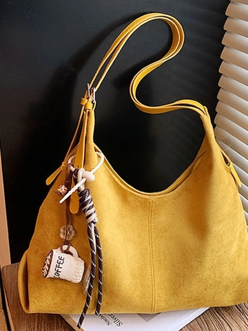 Borsa Tote Vintage in PU con Texture Scamosciata Grande Capacità per Donna Borsa a Spalla Hobo Versatile Con Ciondolo Tazzina