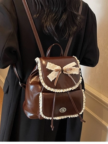 Zaino Moda in Pelle PU Vintage con Fiocco in Pizzo per Donna Dolce Stile Lolita Quotidiano Viaggio Piccola Borsa da Scuola Resistente