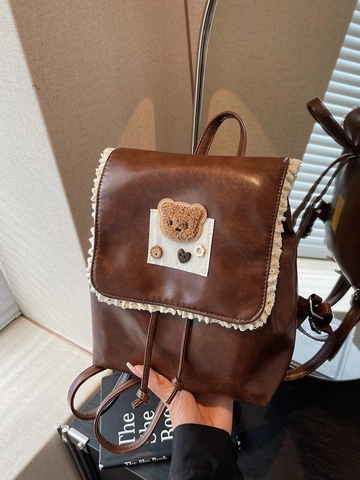 Simpatico Zaino in Pelle PU con Orso in Pizzo Stile Coreano per Donna Retro Grande Capacità Borsa da Scuola per Studenti Moda Ragazze Daypack