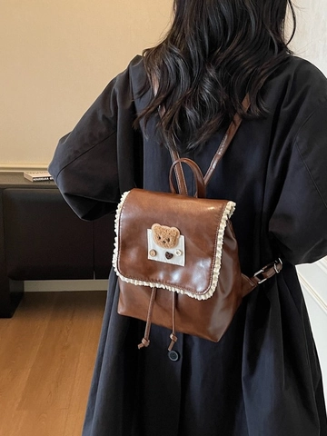 Simpatico Zaino in Pelle PU con Orso in Pizzo Stile Coreano per Donna Retro Grande Capacità Borsa da Scuola per Studenti Moda Ragazze Daypack
