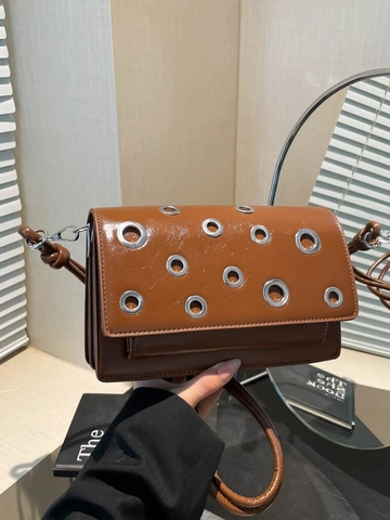 Modern PU Leather Women Crossbody Bag Metallic Grommets Small Square Bag Flap Cover Versatile Stylish Single Shoulder Handbag