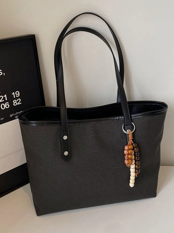 Women Large Capacity PU Leather Tote Bag Minimalist Stitching Shoulder Bag With Wooden Bead Pendant Casual Commute Handbag