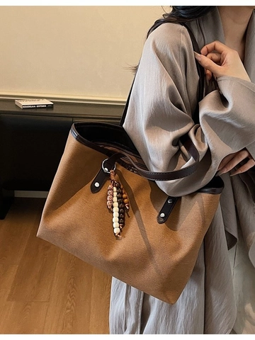Women Large Capacity PU Leather Tote Bag Minimalist Stitching Shoulder Bag With Wooden Bead Pendant Casual Commute Handbag