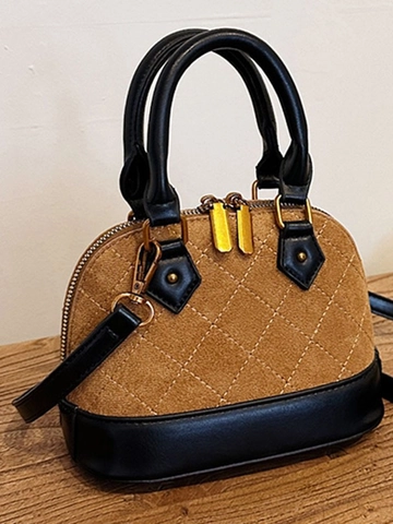 Vintage Quilted Shell Crossbody Bag For Women Contrast Color PU Leather Top Handle Small Shoulder Bag With Removable Strap