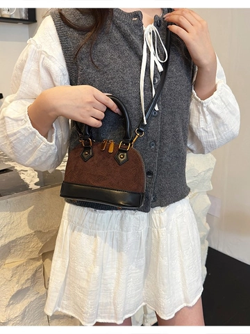 Vintage Quilted Shell Crossbody Bag For Women Contrast Color PU Leather Top Handle Small Shoulder Bag With Removable Strap