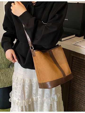 Women Retro Simple Frosted Suede Texture Bucket Bag Large Capacity PU Leather Shoulder Messenger Bag Versatile Commuter Bag