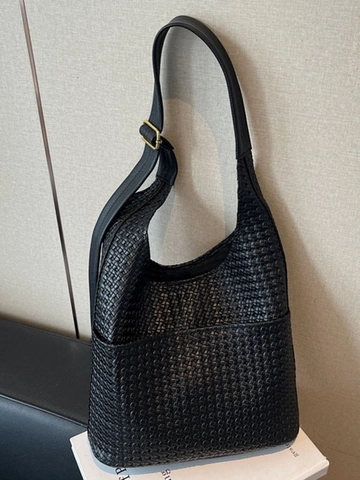 Damen Gewebte PU Leder Eimertasche Große Kapazität Hobo Umhängetasche Herbst Winter Pendler Schultertasche Verstellbarer Gurt