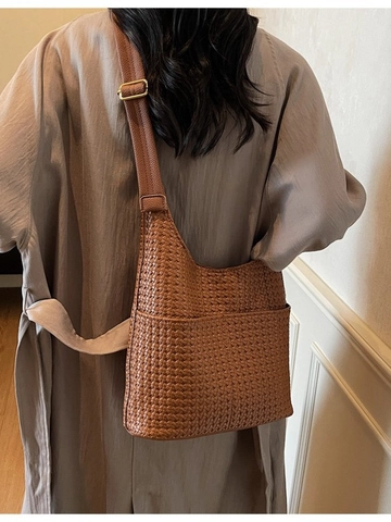 Damen Gewebte PU Leder Eimertasche Große Kapazität Hobo Umhängetasche Herbst Winter Pendler Schultertasche Verstellbarer Gurt