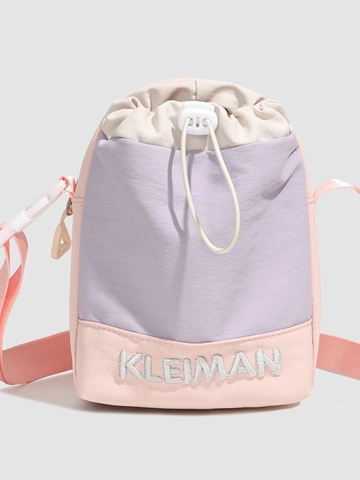 Petit Sac Bandoulière en Nylon pour Femme Léger Sac Seau à Cordon Macaron Bloc de Couleur Brodée Sac à Épaule Quotidien