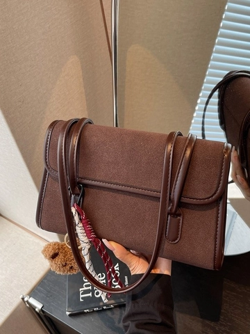 Women Retro Suede Patchwork Underarm Bag Large Capacity Shoulder Bag With Plush Bear Keychain Solid Color Flap Handbag