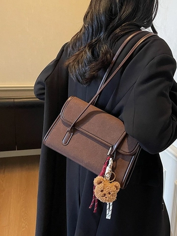 Women Retro Suede Patchwork Underarm Bag Large Capacity Shoulder Bag With Plush Bear Keychain Solid Color Flap Handbag