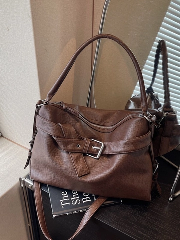 Women Large Capacity Litchi Grain PU Leather Tote Bag Fashion Commuter Single Shoulder Crossbody Bag With Belt Buckle