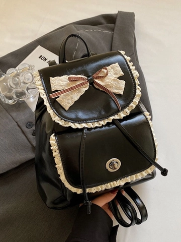 Zaino Moda in Pelle PU Vintage con Fiocco in Pizzo per Donna Dolce Stile Lolita Quotidiano Viaggio Piccola Borsa da Scuola Resistente