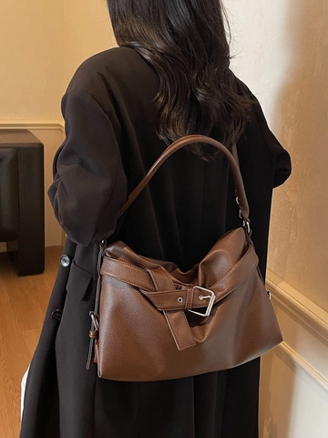 Women Large Capacity Litchi Grain PU Leather Tote Bag Fashion Commuter Single Shoulder Crossbody Bag With Belt Buckle